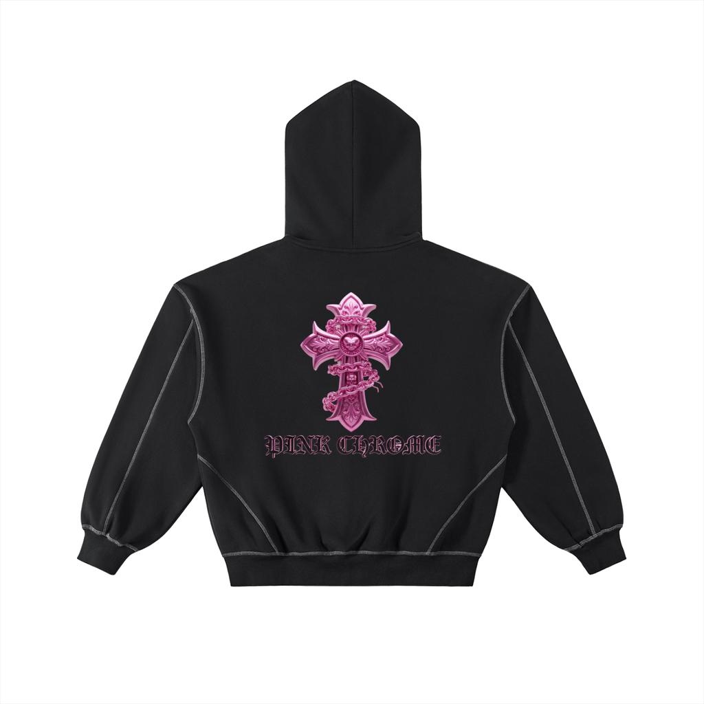 PINK CHROME Contrast-Stitched Boxy Fleece Zip Hoodie