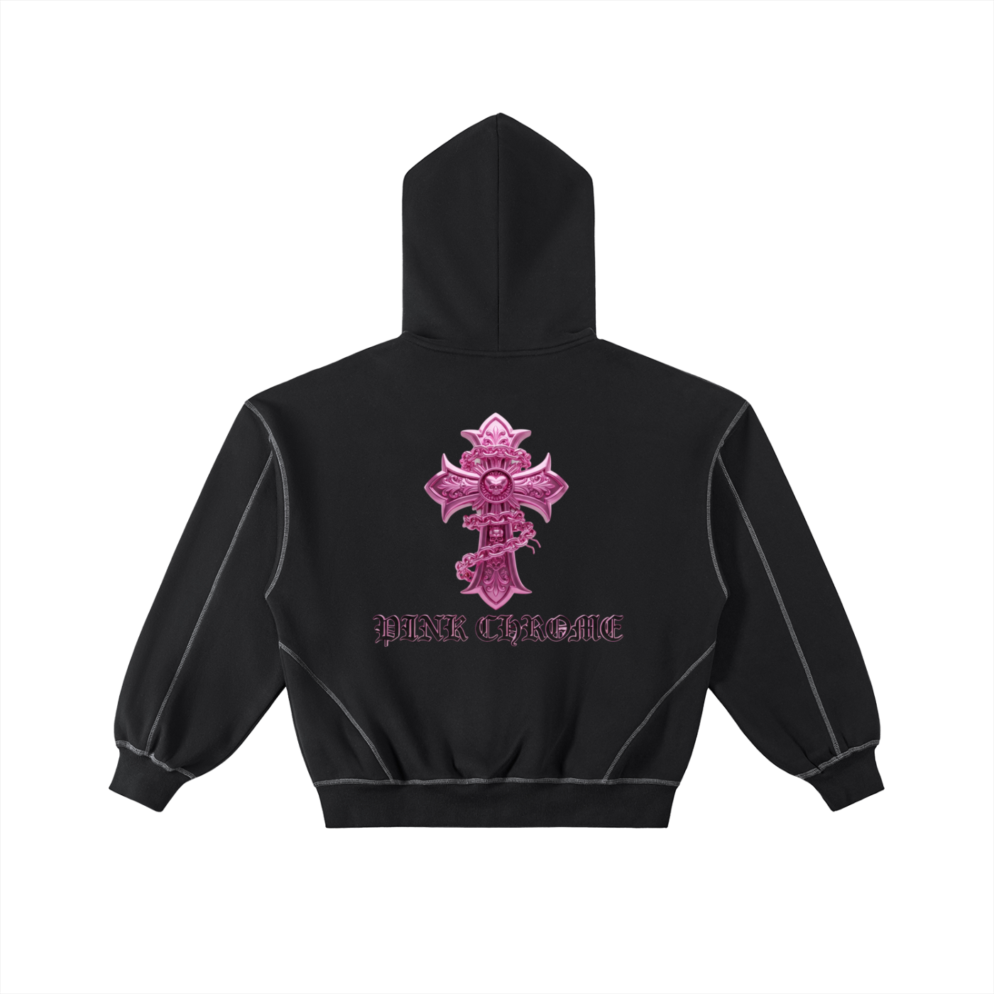 PINK CHROME Contrast-Stitched Boxy Fleece Zip Hoodie