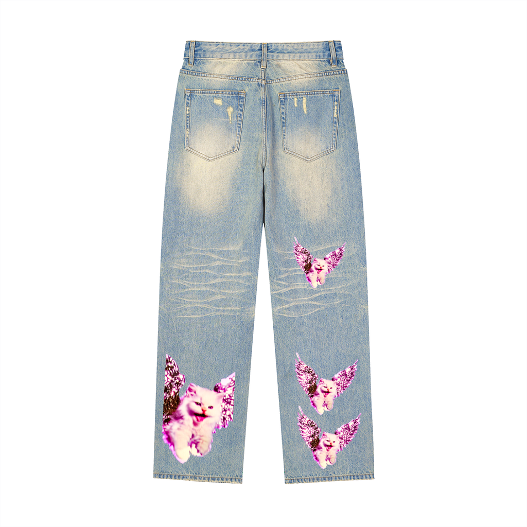 AVANTI AMOR "Angel Kitty" Sun Faded Raw Hem Denim Jeans