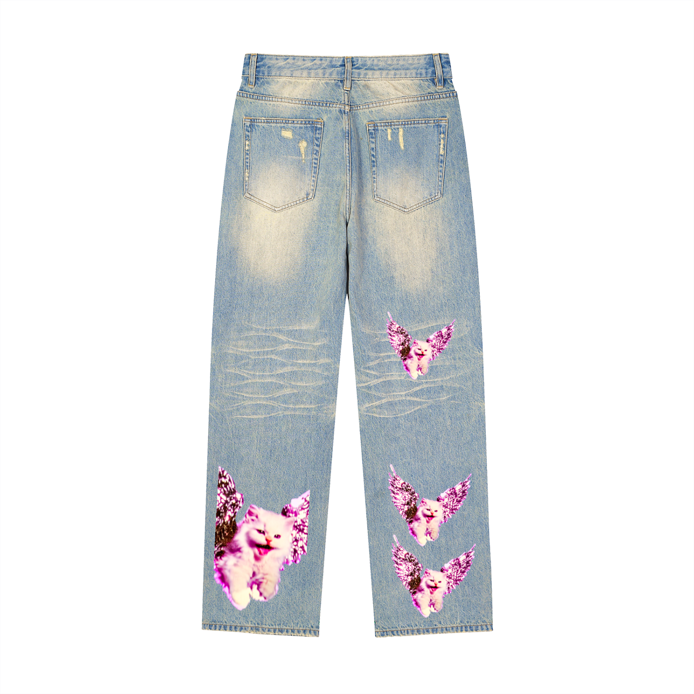 AVANTI AMOR "Angel Kitty" Sun Faded Raw Hem Denim Jeans