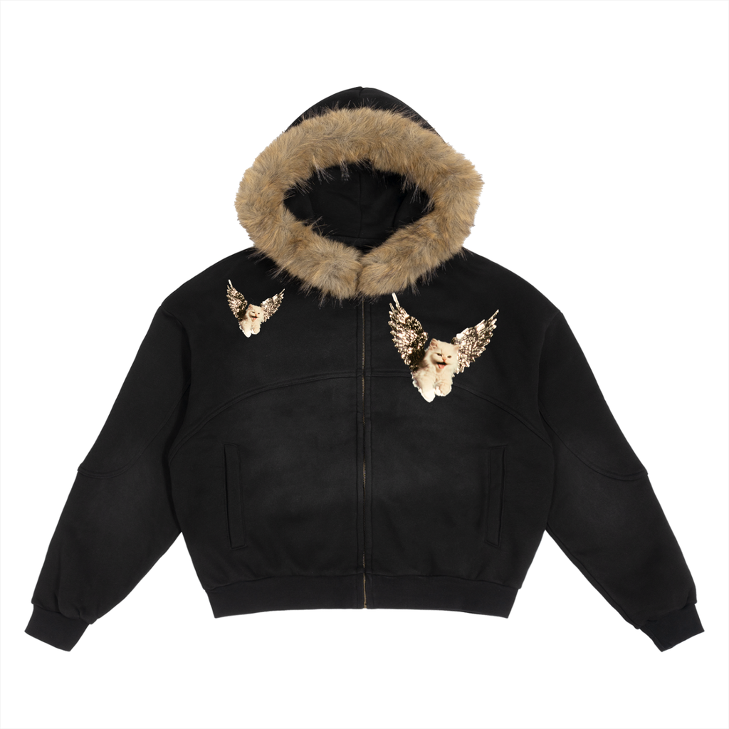 AVANTI AMOR "Angel Kitty" Sun Fade Boxy Detachable Fur Hoodie