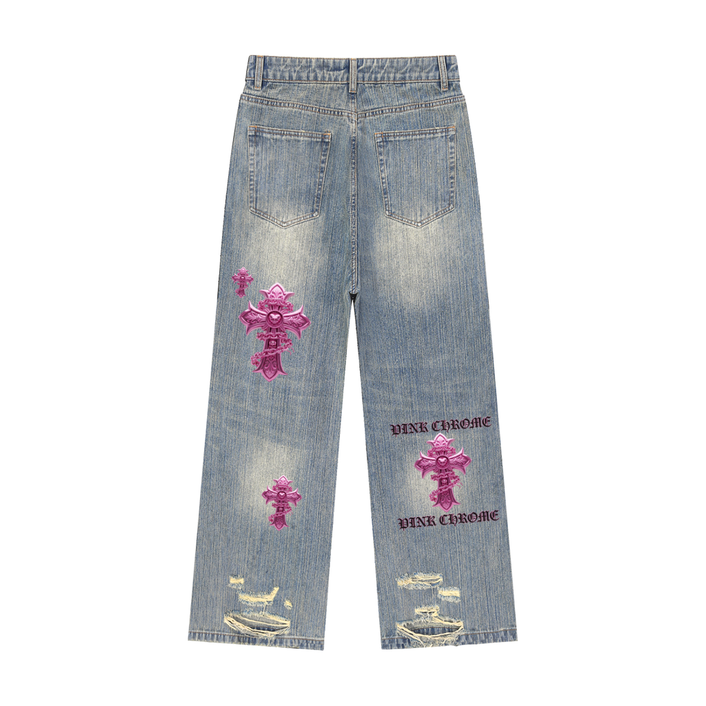 PINK CHROME Vintage Wash Distressed Denim Jeans