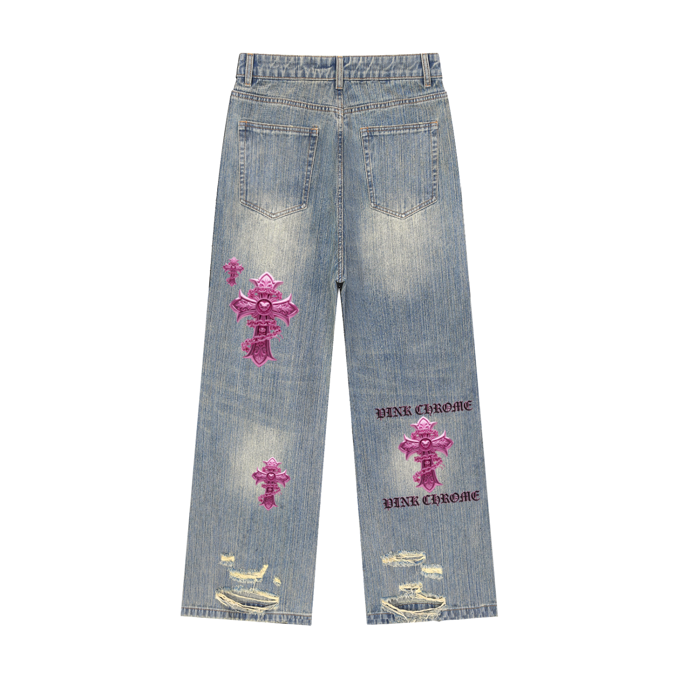 PINK CHROME Vintage Wash Distressed Denim Jeans