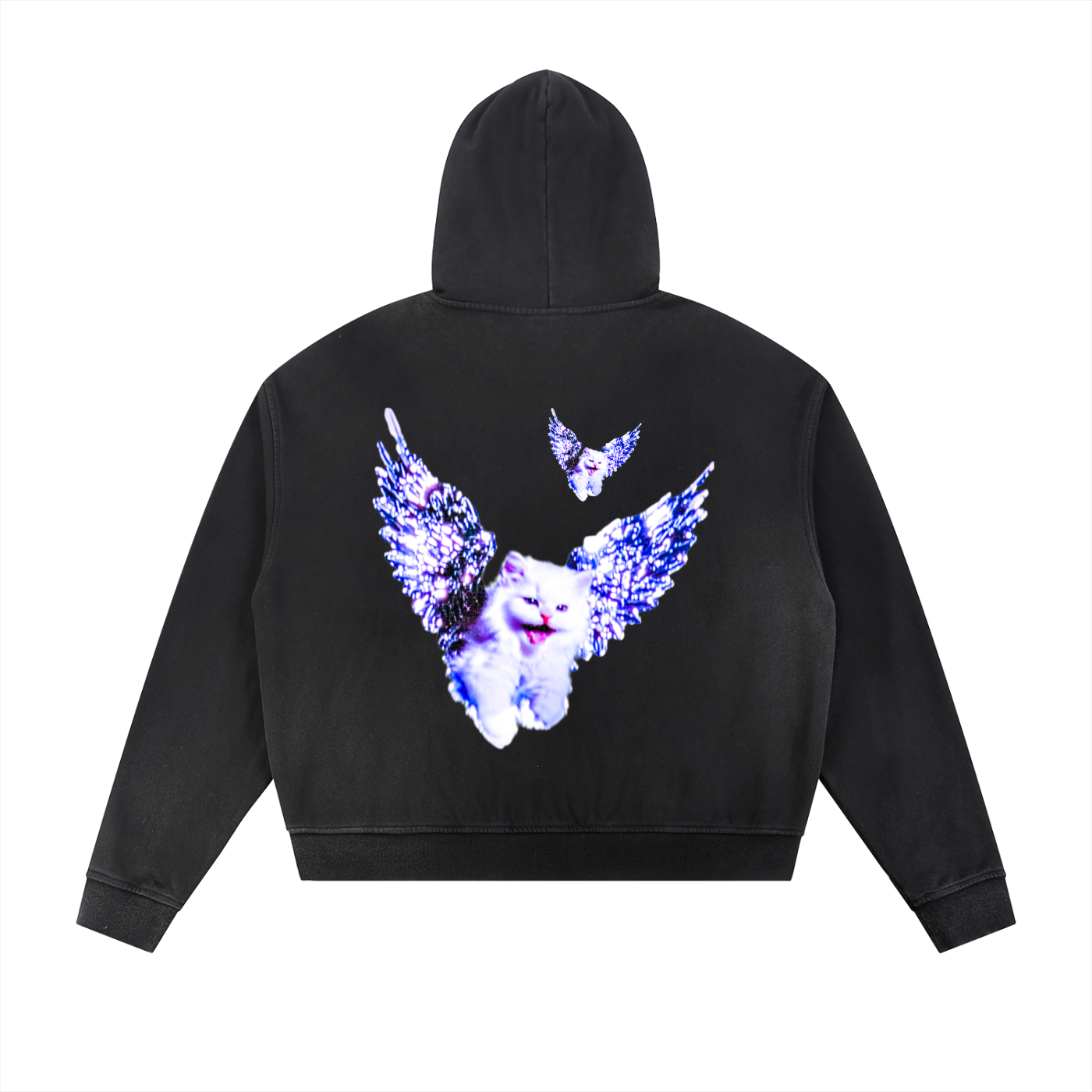 AVANTI AMOR "Angel Kitty" Sun Faded Frayed Raw Edge Fleece Zip Hoodie