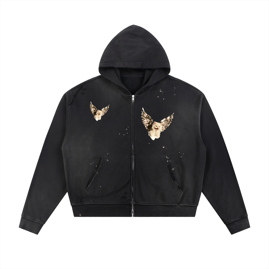 AVANTI AMOR "Angel Kitty" Sun Fade Frayed Raw Edge Fleece Zip Hoodie