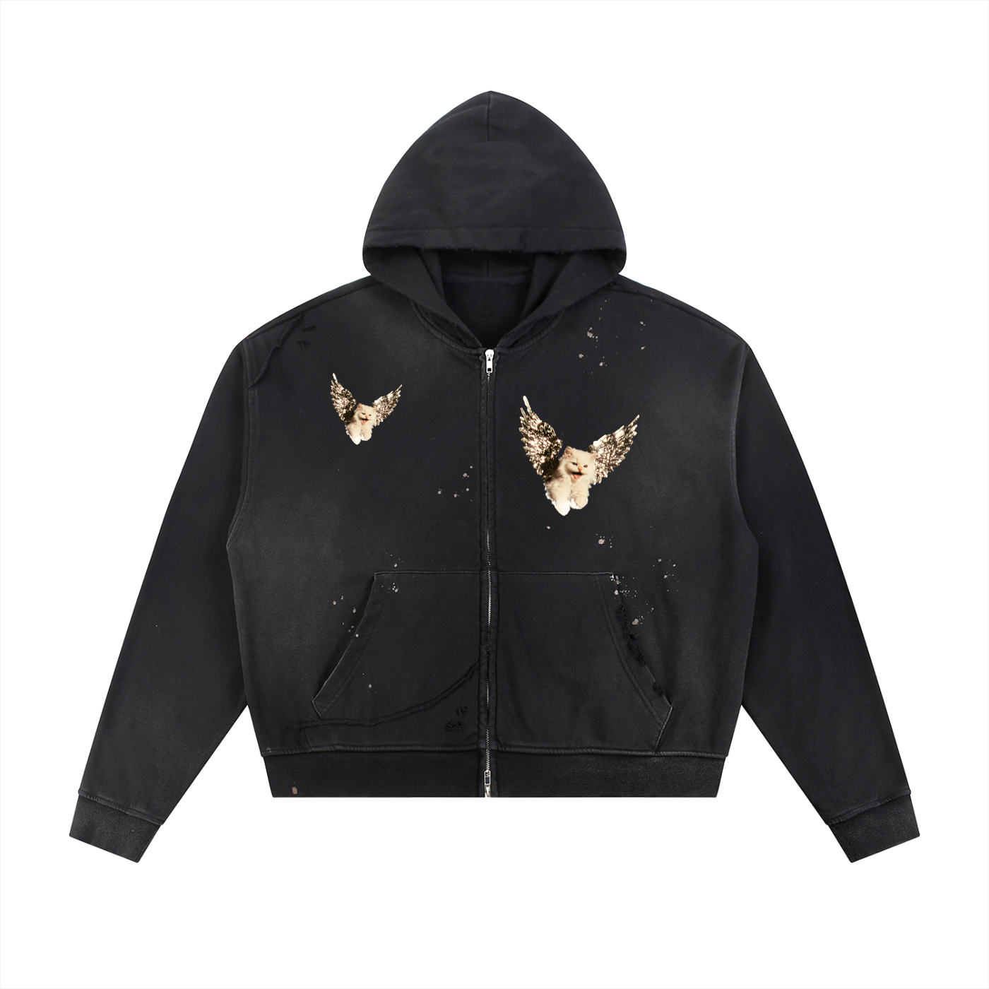 AVANTI AMOR "Angel Kitty" Sun Fade Frayed Raw Edge Fleece Zip Hoodie