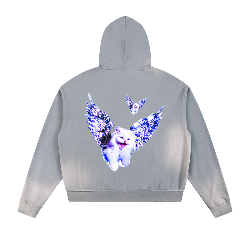 AVANTI AMOR "Angel Kitty" Sun Faded Frayed Raw Edge Fleece Zip Hoodie