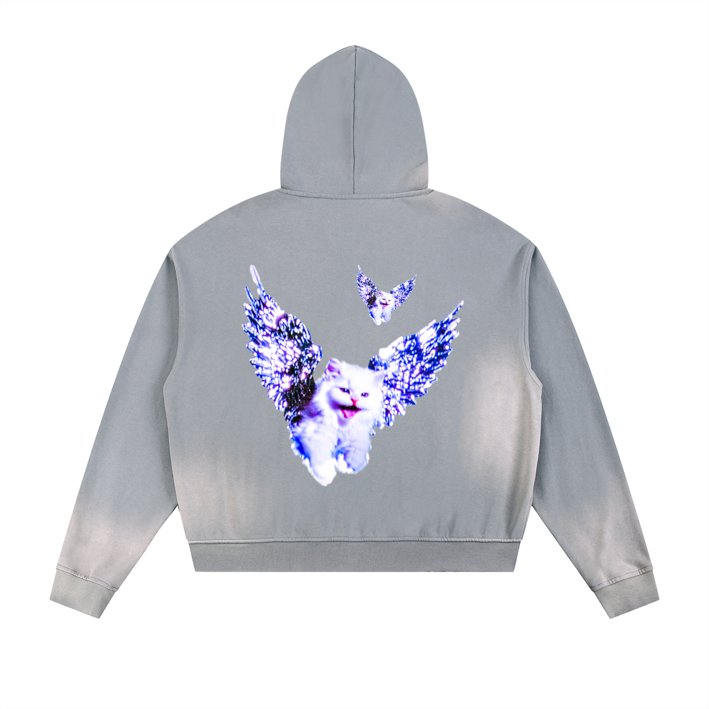AVANTI AMOR "Angel Kitty" Sun Faded Frayed Raw Edge Fleece Zip Hoodie