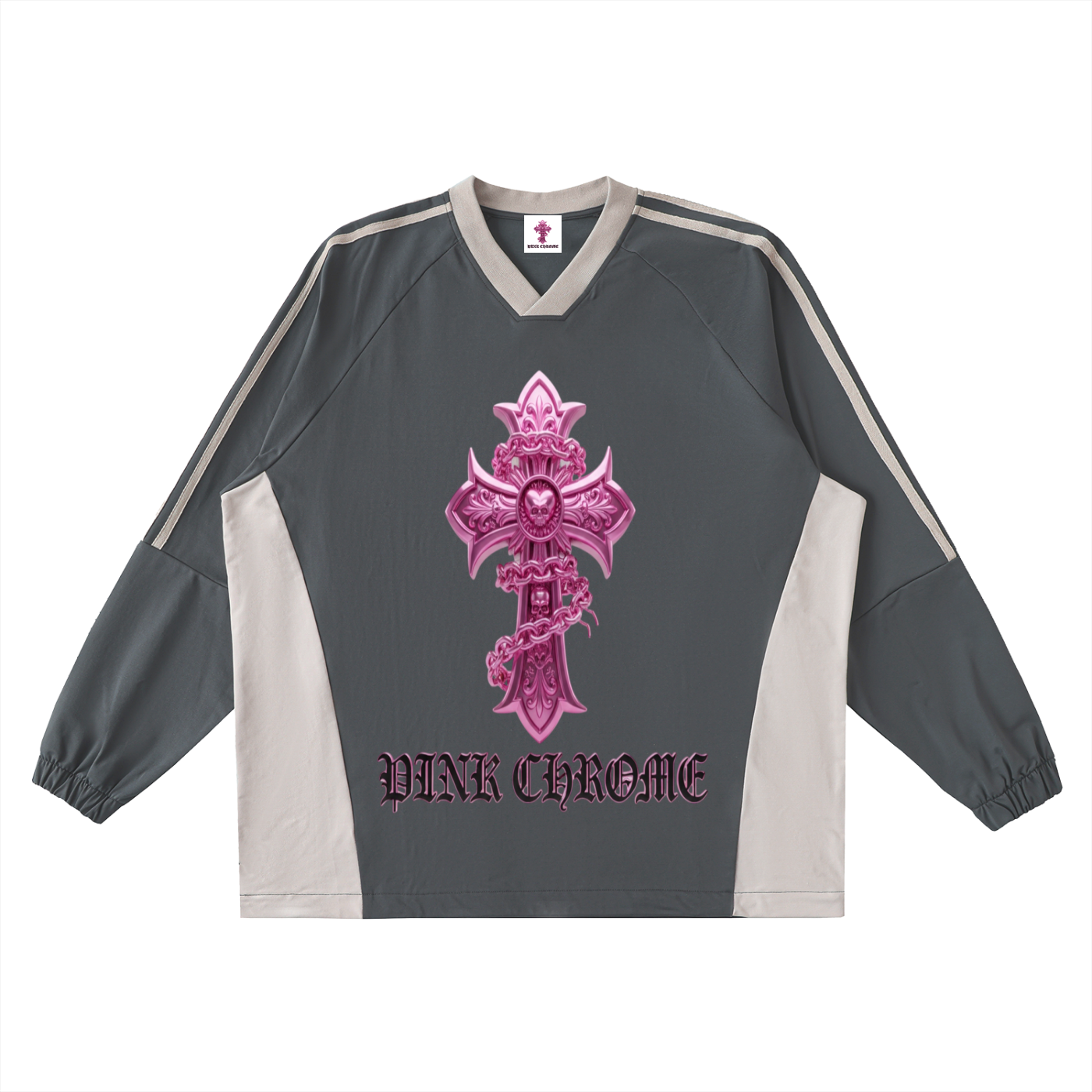 PINK CHROME Color-Block V-Neck Long-Sleeve T-Shirt