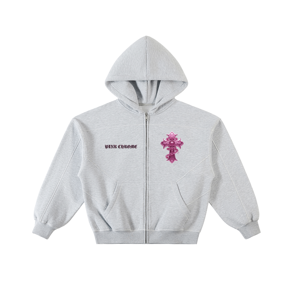 PINK CHROME Contrast-Stitched Boxy Fleece Zip Hoodie