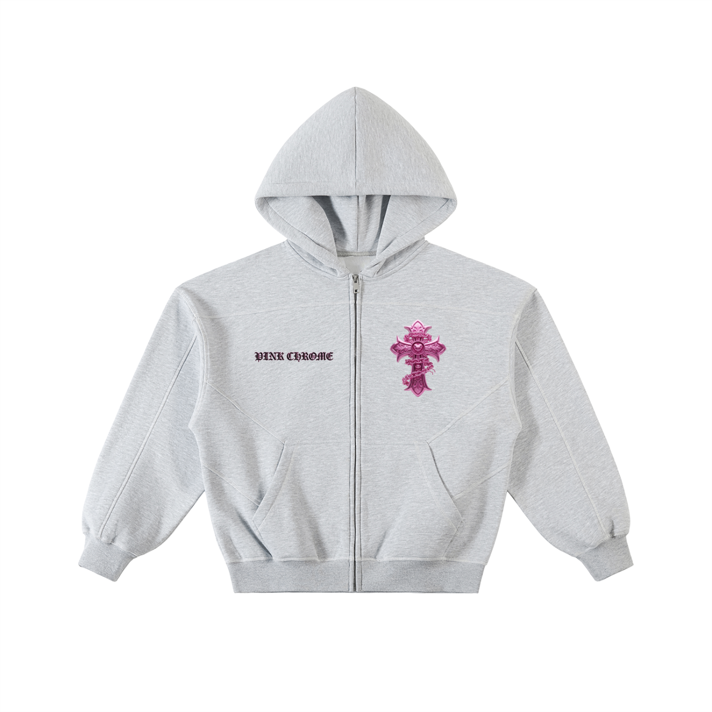 PINK CHROME Contrast-Stitched Boxy Fleece Zip Hoodie