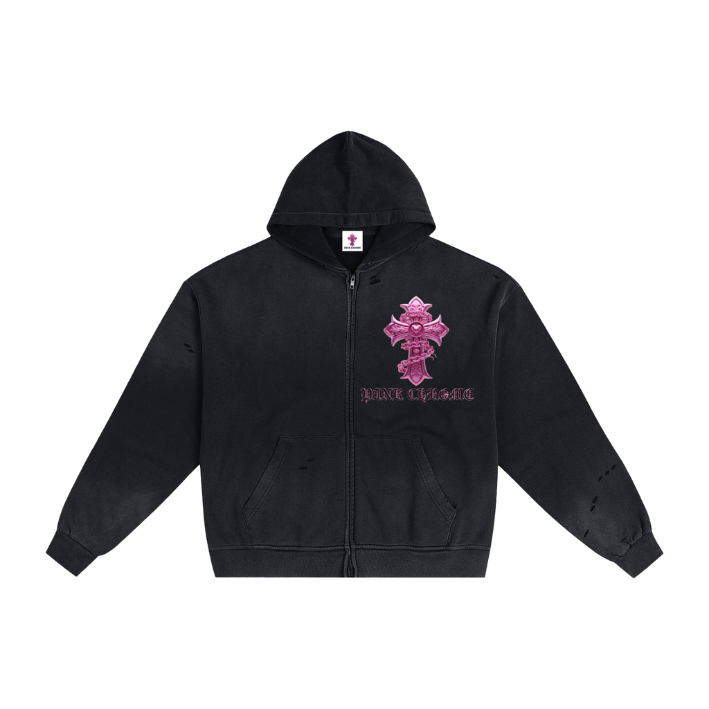 PINK CHROME Hand-Frayed Sunfade Zip Hoodie