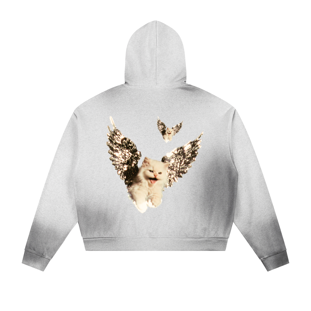 AVANTI AMOR "Angel Kitty" Sun Fade Frayed Raw Edge Fleece Zip Hoodie