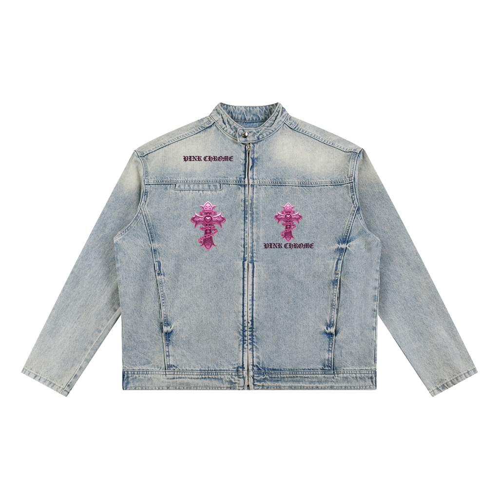 PINK CHROME Vintage Wash Zip Denim Jacket