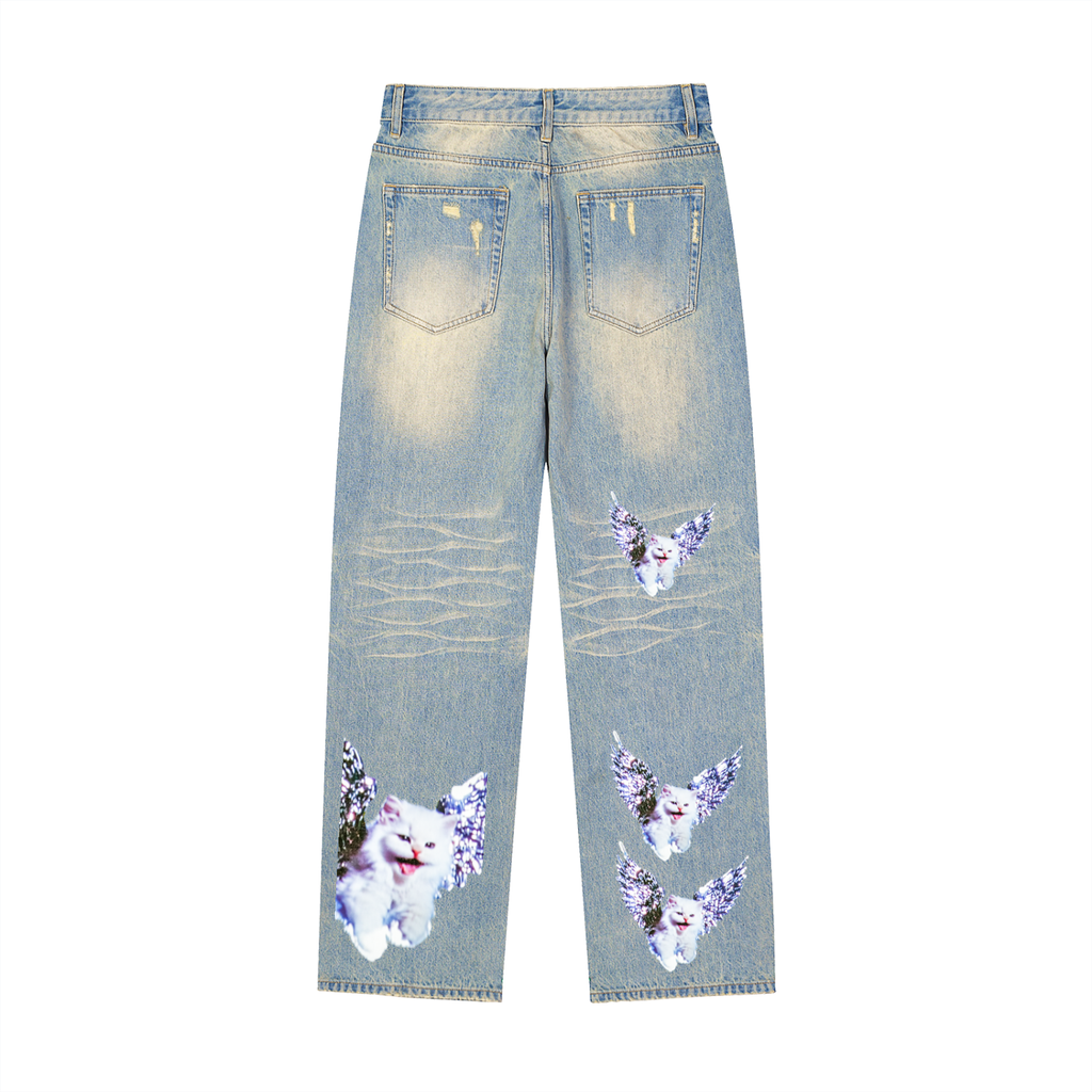 AVANTI AMOR "Angel Kitty" Sun Faded Raw Hem Denim Jeans