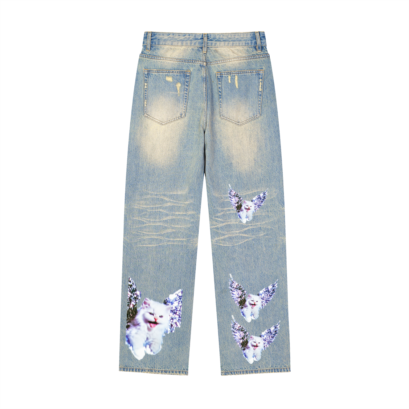 AVANTI AMOR "Angel Kitty" Sun Faded Raw Hem Denim Jeans