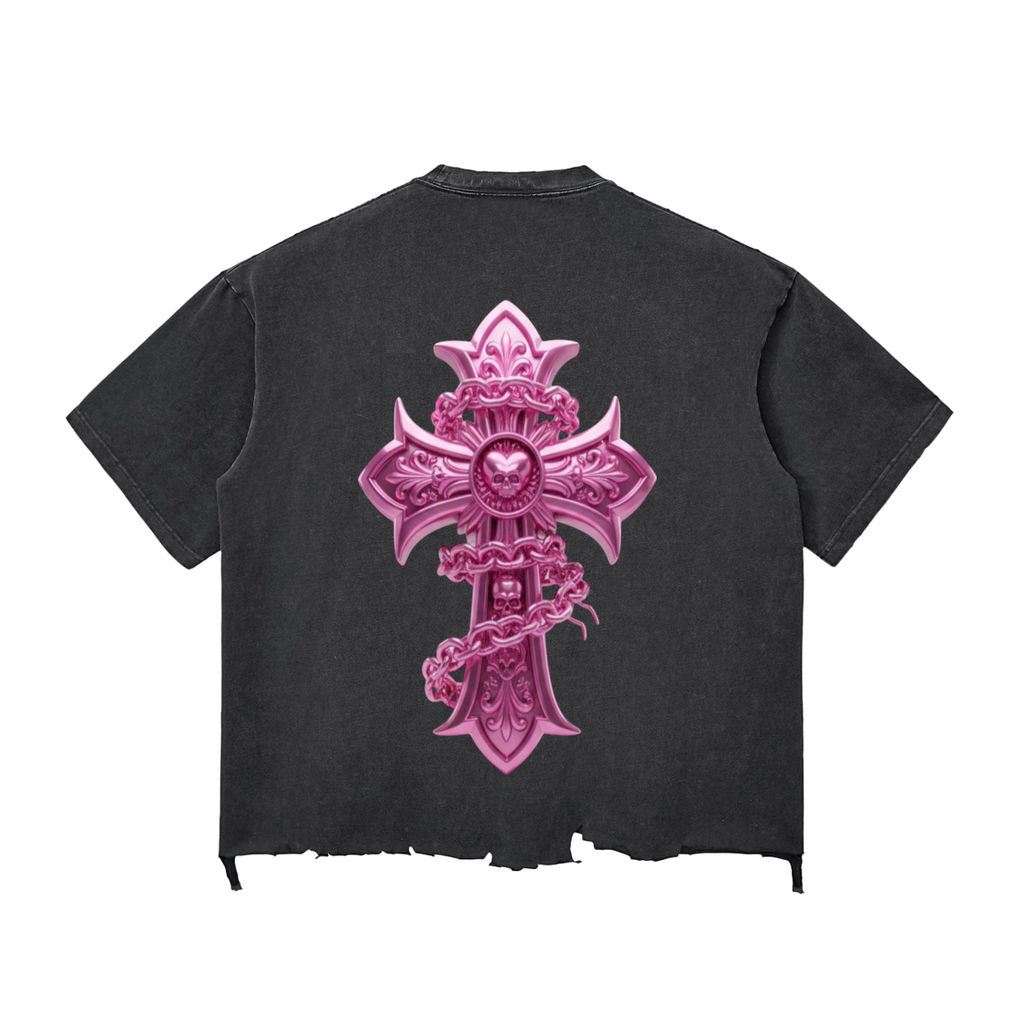 PINK CHROME Snow Wash Raw-Hem Boxy T-shirt