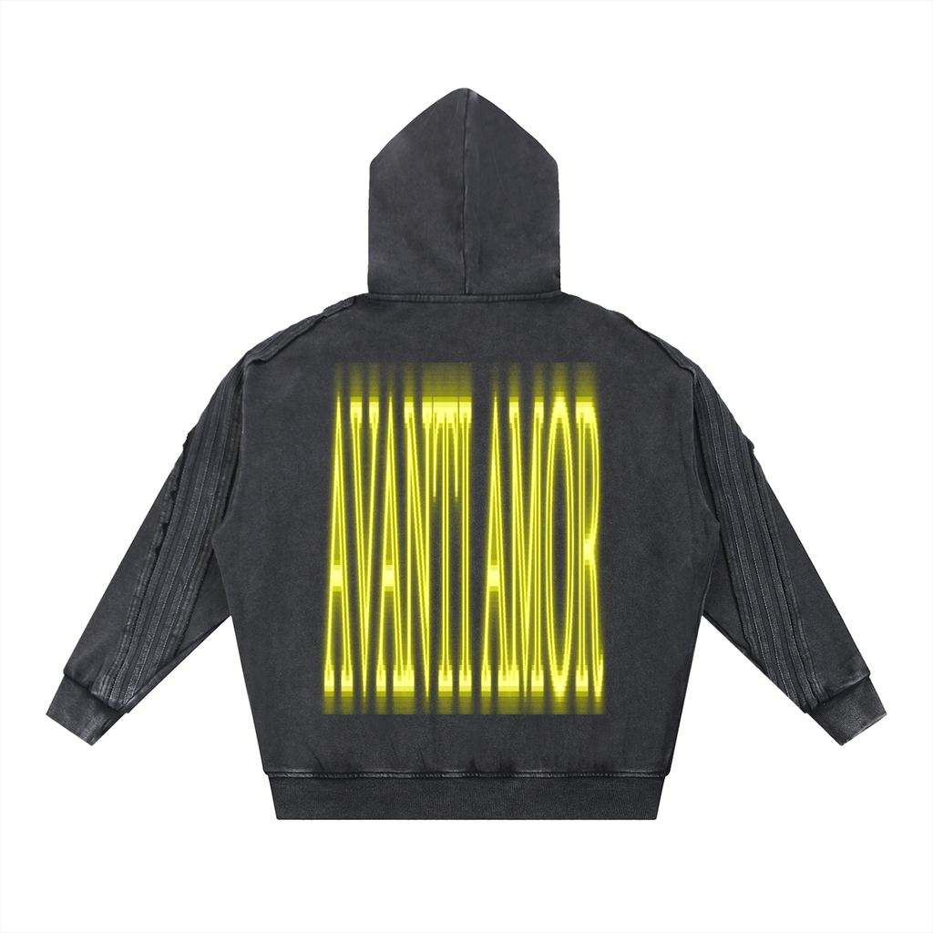 AVANTI AMOR Snow Washed Tape Raw Edge Zip Hoodie