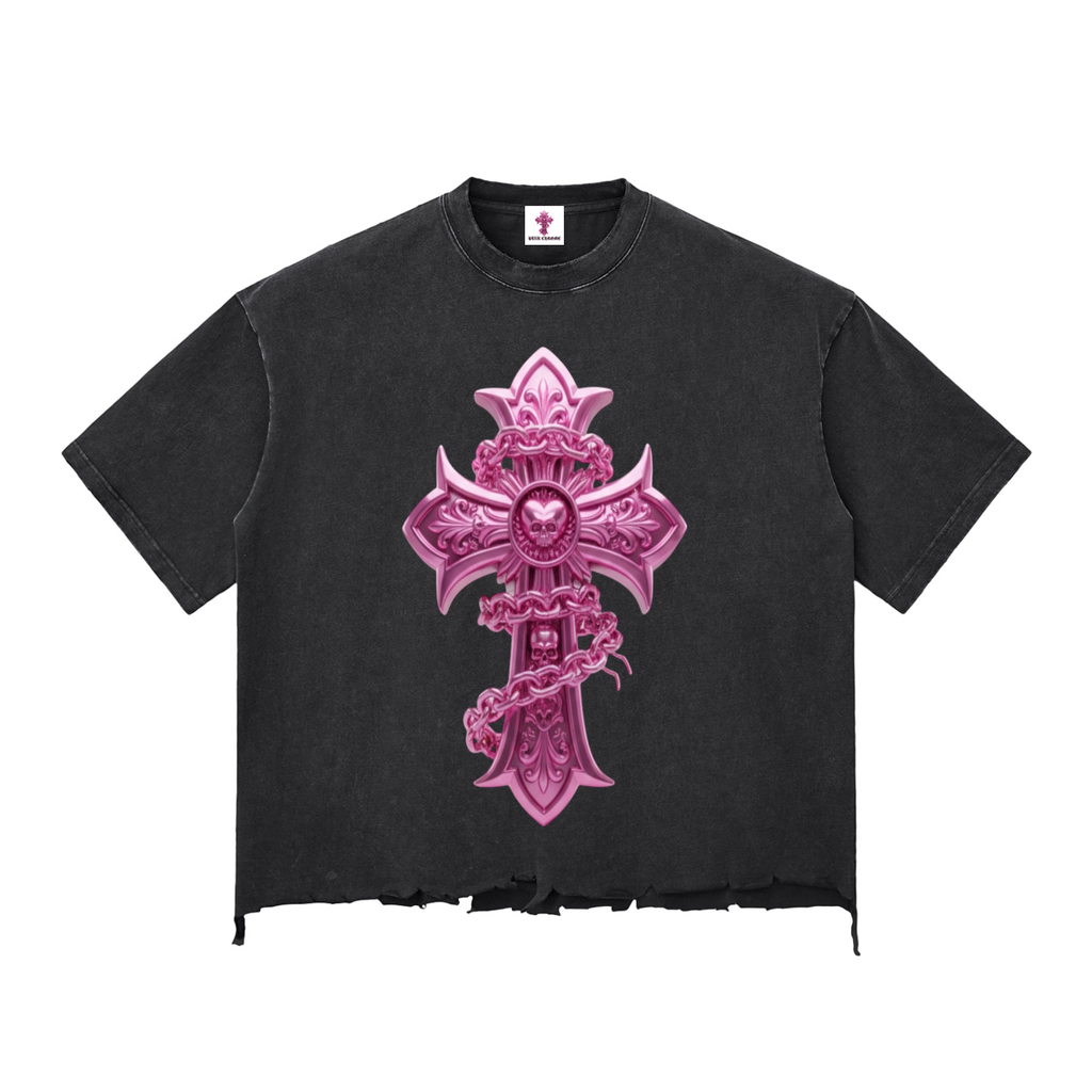 PINK CHROME Snow Wash Raw-Hem Boxy T-shirt
