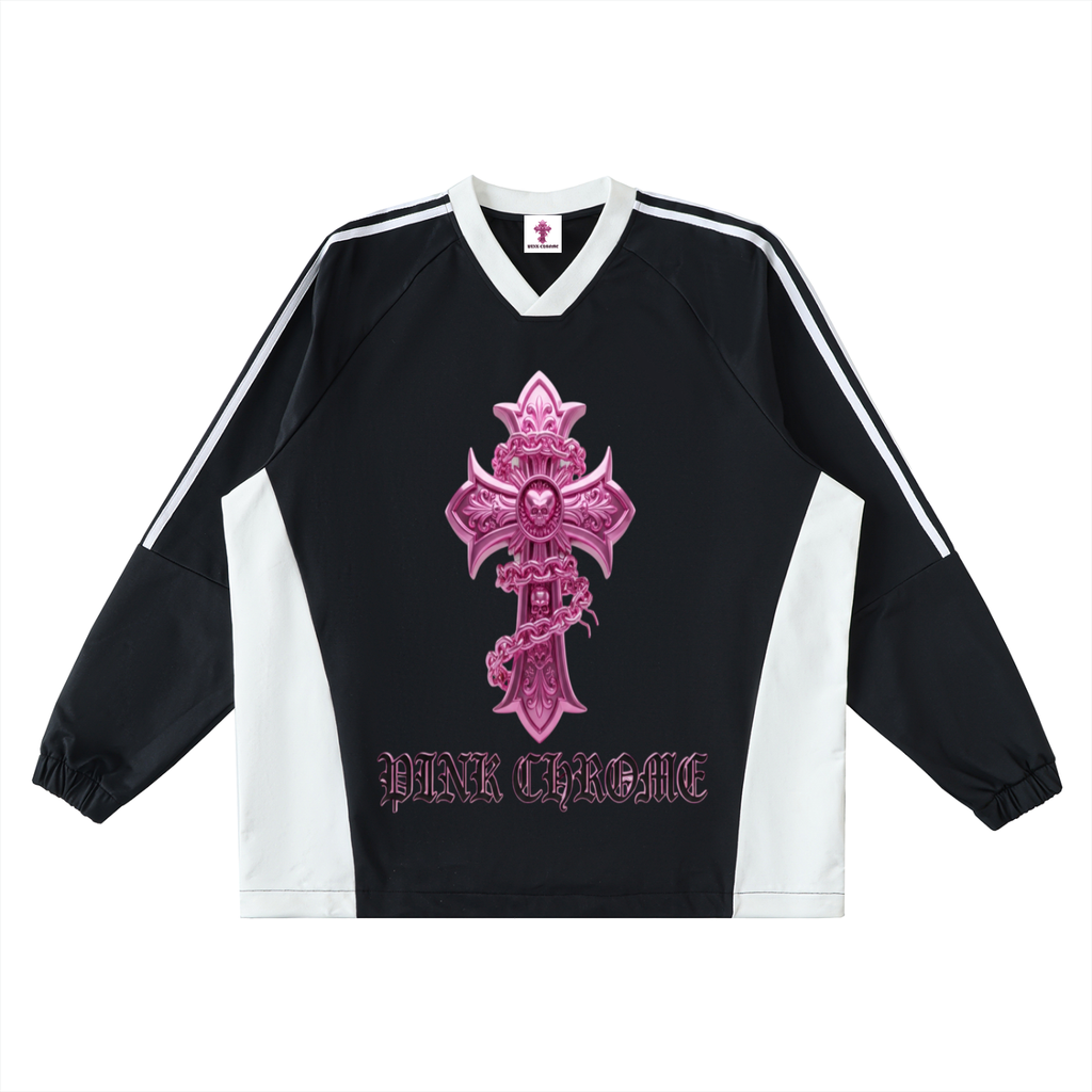 PINK CHROME Color-Block V-Neck Long-Sleeve T-Shirt