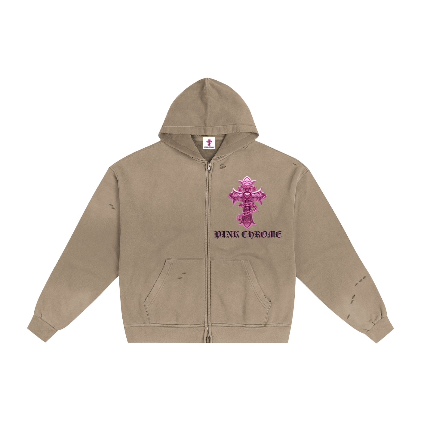 PINK CHROME Hand-Frayed Sunfade Zip Hoodie